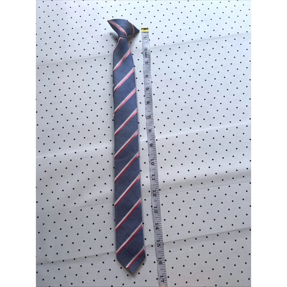 Boys Clip On Tie Blue Pink White Stripe Kids Preppy Wedding Church School